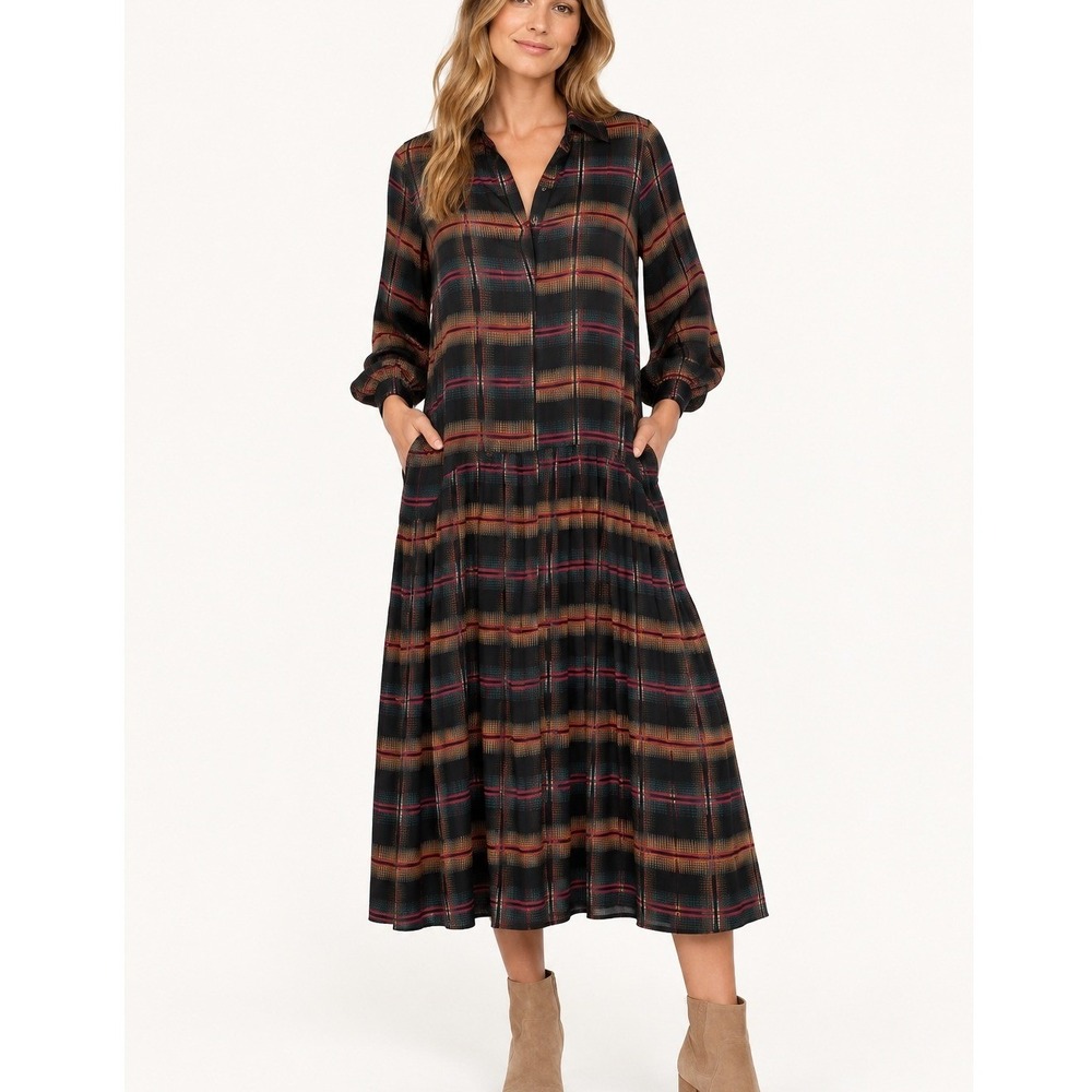 Beatrice .b Italia 100% Silk Plaid Tiered Drop Waist Midi Dress Size US XS NEW
